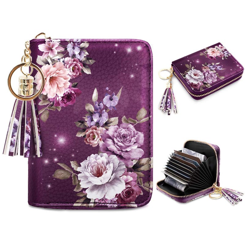 Coco Rossi Women's Small Credit Card Wallet RFID Cute Flower Card Holder for Women, Purple Flower - Image 1
